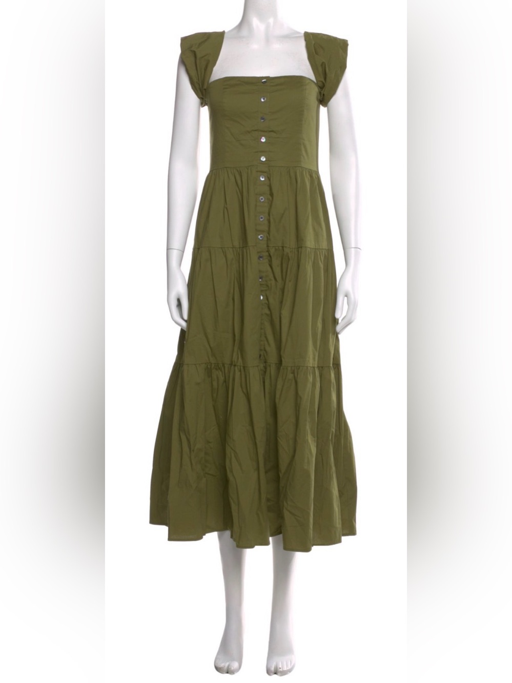 STAUD Olive Green Tiered Midi Dress with Front Buttons